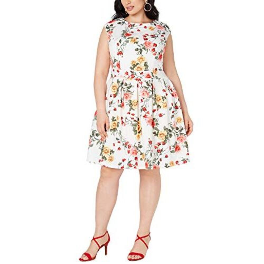 Plus Size Floral Fit & Flare Dress Off-White White 2X